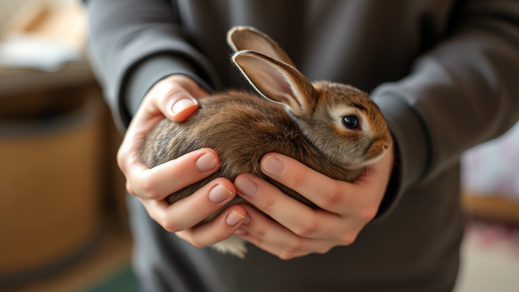 Gentle hands carefully holding a young rabbit kit, showing proper support technique with secure grip around hindquarters, calm interaction in home setting