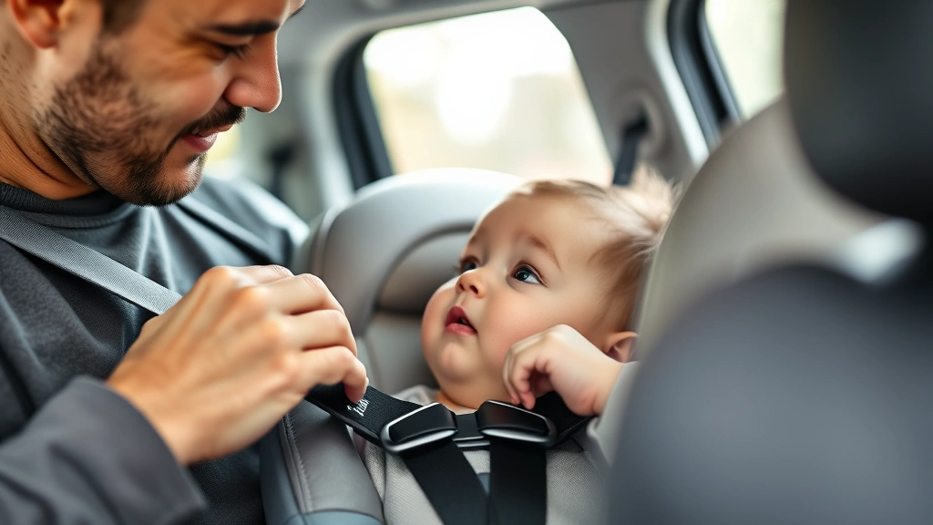 Close-up of father adjusting harness on infant in Recaro car seat, gentle hands, soft natural lighting, focused expression