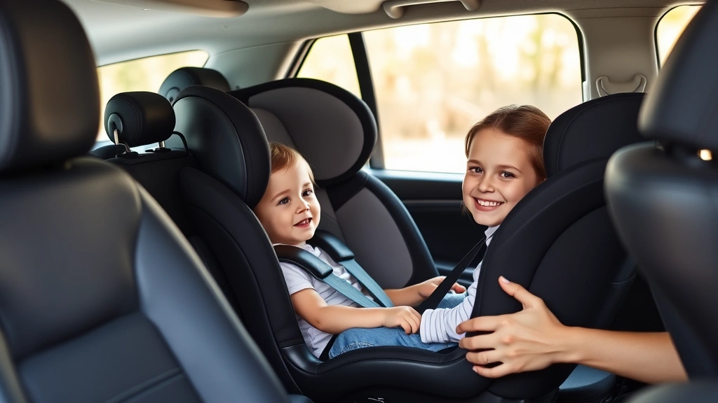 Mother buckling toddler into modern Recaro car seat, spacious vehicle interior, child smiling, daytime setting, safety-focused