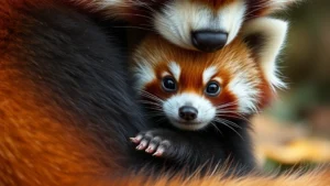 Close-up of tiny red panda kit nestled against mother's soft fur, round eyes wide with curiosity, delicate paws visible, warm forest background, intimate family bonding moment