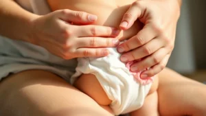 Parent changing baby's diaper with gentle care, soft natural lighting, close-up of hands and baby's face showing comfort and trust