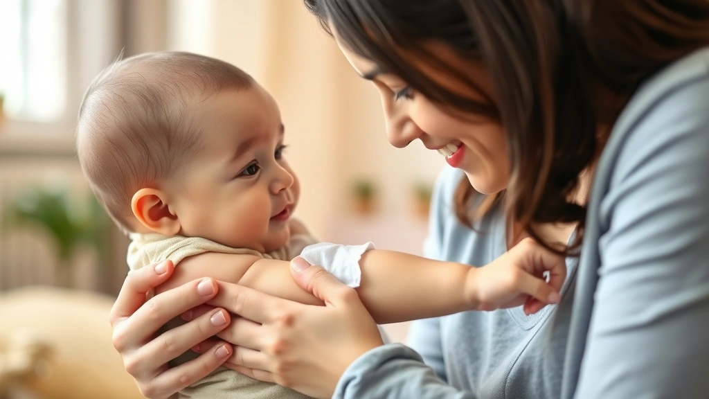 Mother checking baby's skin for sensitivity after using wipes, examining baby's arm gently, warm indoor lighting, caring expression