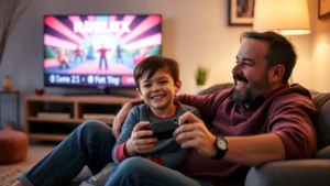 Parent and child sitting together on couch, child holding gaming controller playing Roblox on TV screen in background, warm living room lighting, both smiling