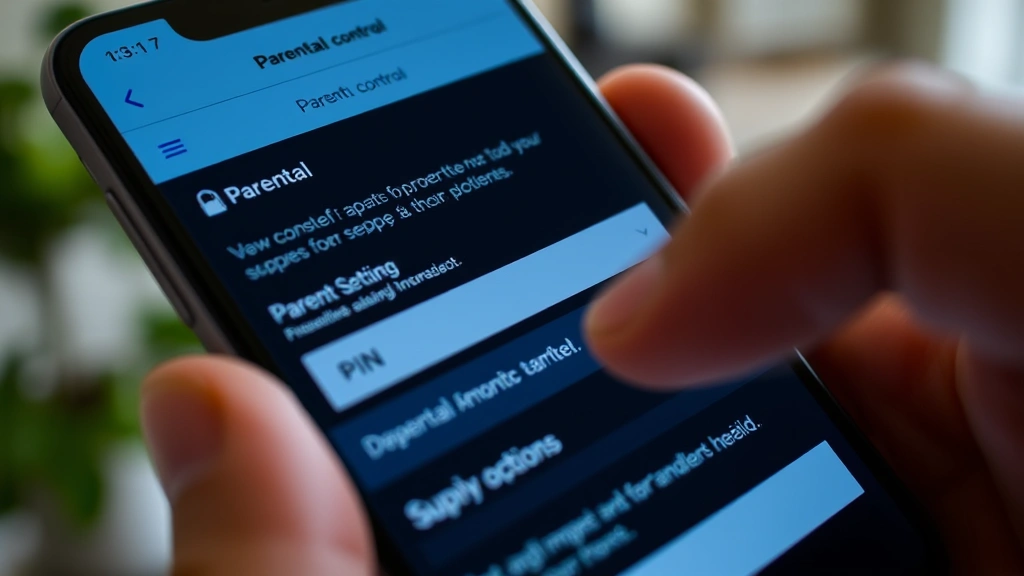Closeup of smartphone screen showing parental control settings and PIN entry, parent's hand pointing to security options, blurred home background