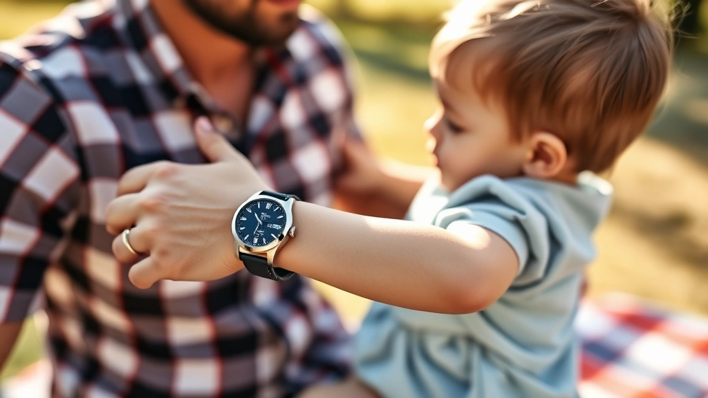 Parent wearing sleek Seiko watch while holding toddler during outdoor family picnic on sunny day, watch visible on wrist, warm natural lighting, candid family moment