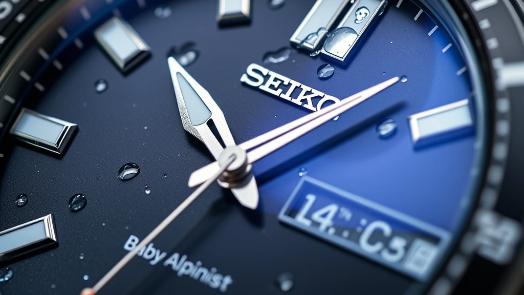 Close-up detail shot of Seiko Baby Alpinist watch face showing dial and hands, water droplets on crystal, professional product photography style, shallow depth of field