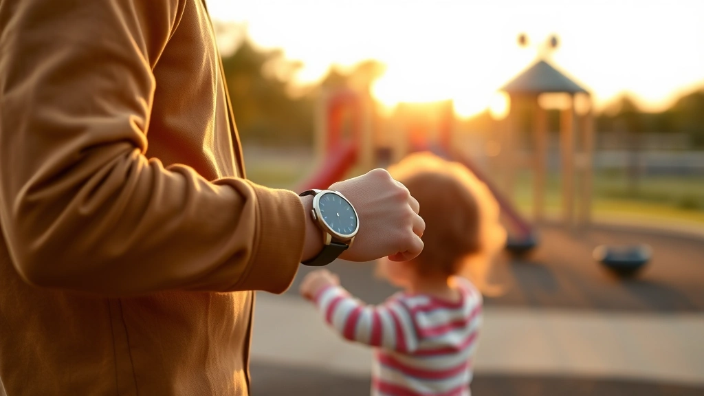 Parent checking time on wrist while supervising child at playground during golden hour sunset, watch clearly visible, active family lifestyle moment, natural warm tones