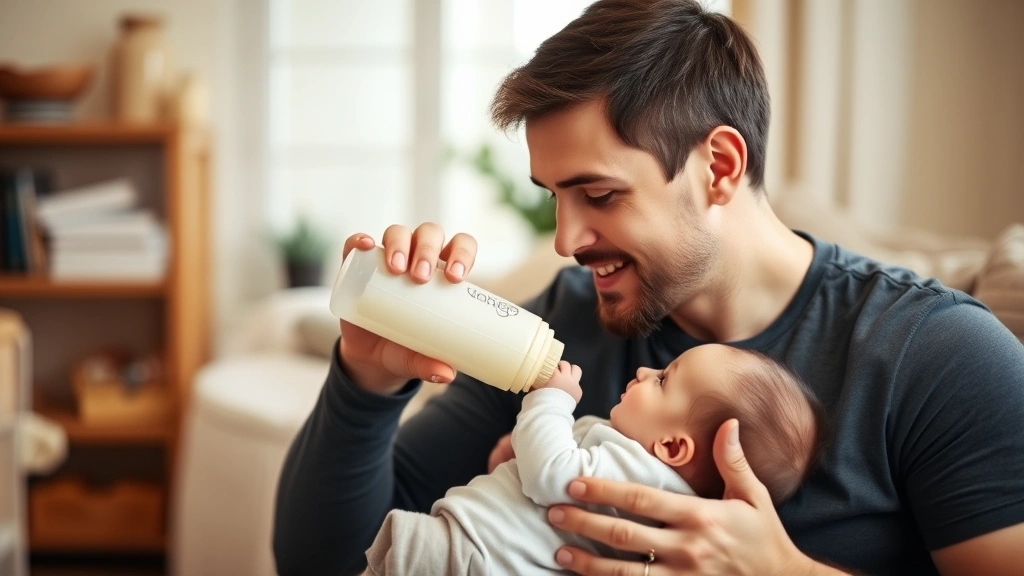 Father bottle-feeding infant while making eye contact, warm home setting, tender caregiving, emotional connection between parent and baby