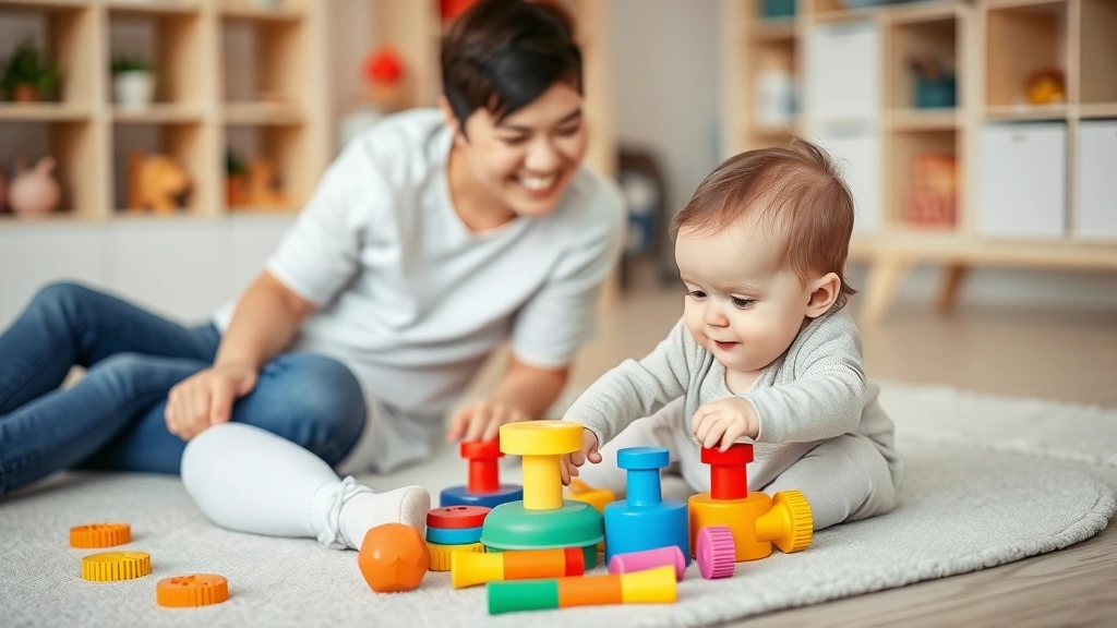 Toddler exploring colorful toys on a soft play mat while parent sits nearby smiling, safe developmental play environment, joyful learning moment