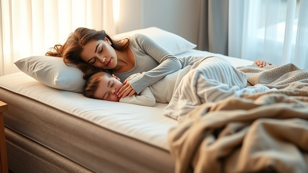 A peaceful bedroom scene showing a mother and infant sleeping safely together on a firm mattress with minimal bedding, soft morning light filtering through sheer curtains, both appearing calm and comfortable