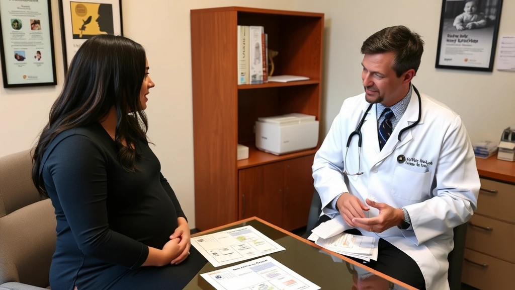 A pediatrician in white coat having a warm, supportive conversation with an expectant couple in a clinical office, pointing to educational materials about safe infant sleep arrangements on the desk