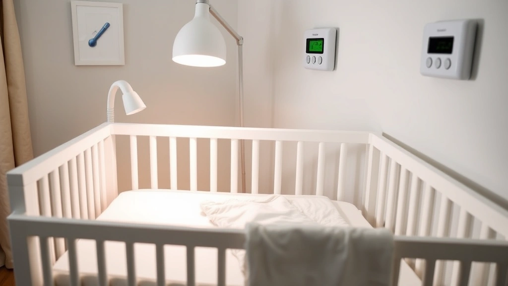 A well-organized nursery with a crib featuring a fitted sheet and sleep sack, soft lighting from a dimly lit lamp, a digital thermometer on the wall, and minimalist decor emphasizing safety