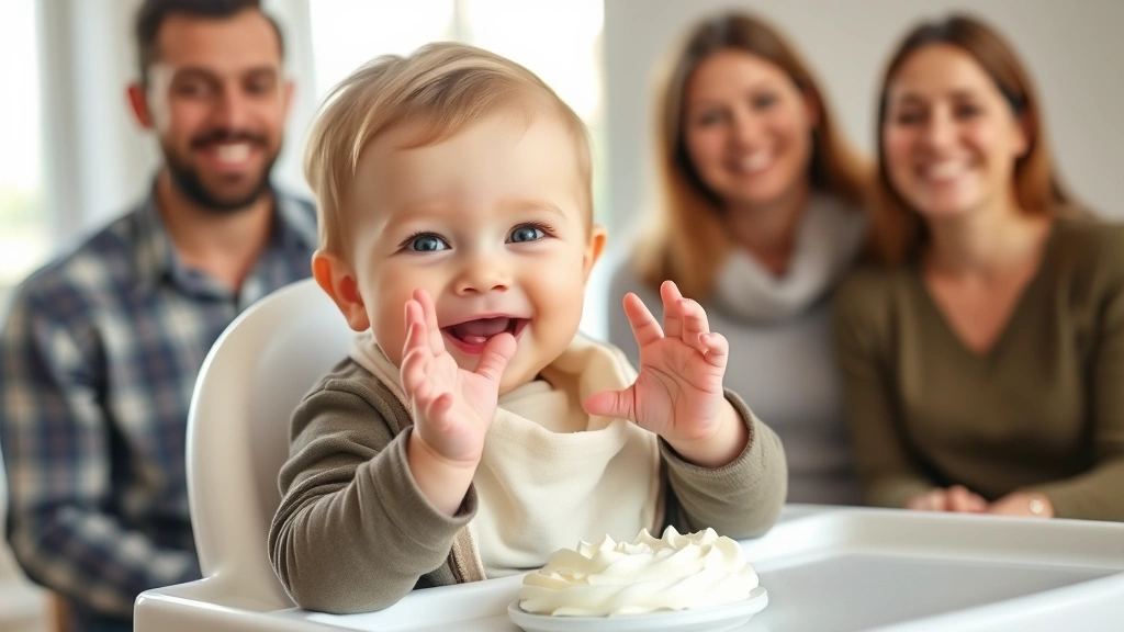Happy one-year-old baby in high chair wearing bib, smiling with hands in soft frosting, parents watching proudly in background, natural window lighting, warm family moment