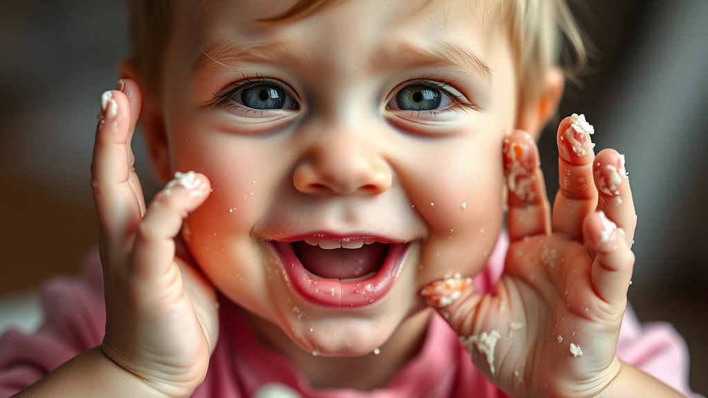 Close-up of toddler's messy face and hands covered in cake crumbs and frosting, genuine delighted expression, soft natural light, tender parenting moment captured