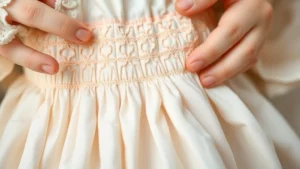Close-up of delicate smocked embroidery on soft pastel cotton baby dress, showing intricate gathered fabric texture with mother's hands gently touching garment
