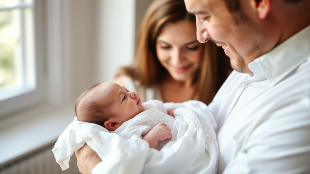 Newborn baby in white smocked christening gown cradled in father's arms, soft natural window light, parents smiling at infant wearing heritage garment