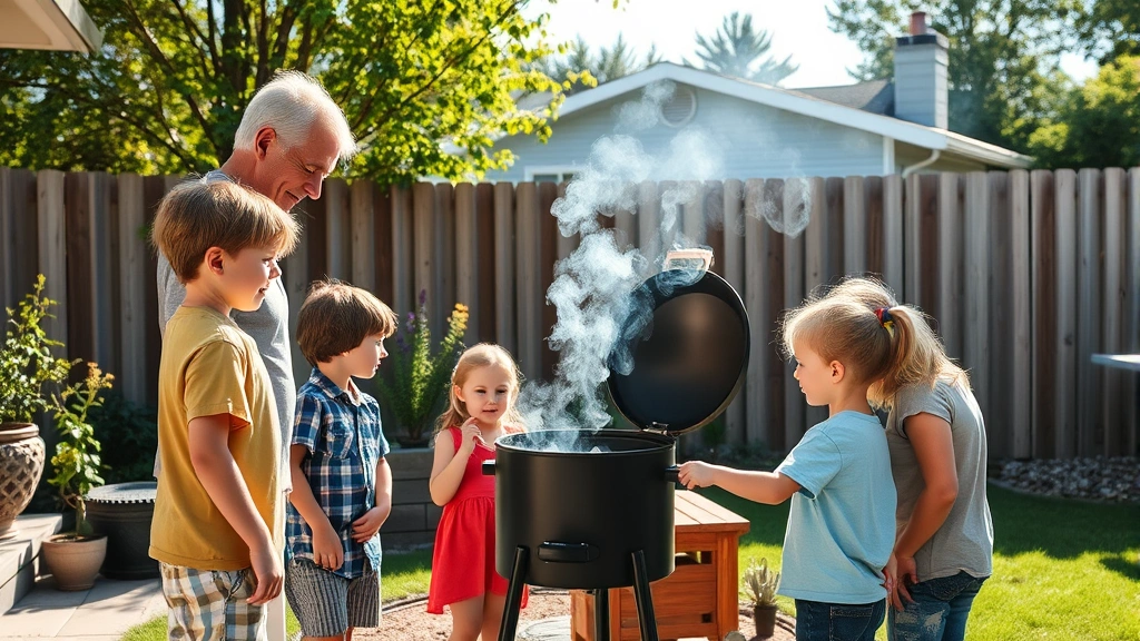 Parent and young children gathered around outdoor smoker in backyard, maintaining safe distance, bright sunny day, happy family atmosphere, authentic candid moment