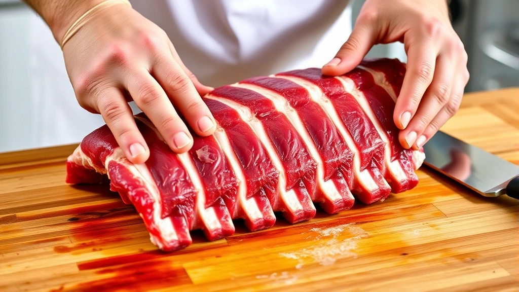 Close-up of hands preparing fresh baby back ribs on cutting board, removing membrane, clean kitchen environment, natural lighting, food safety demonstration