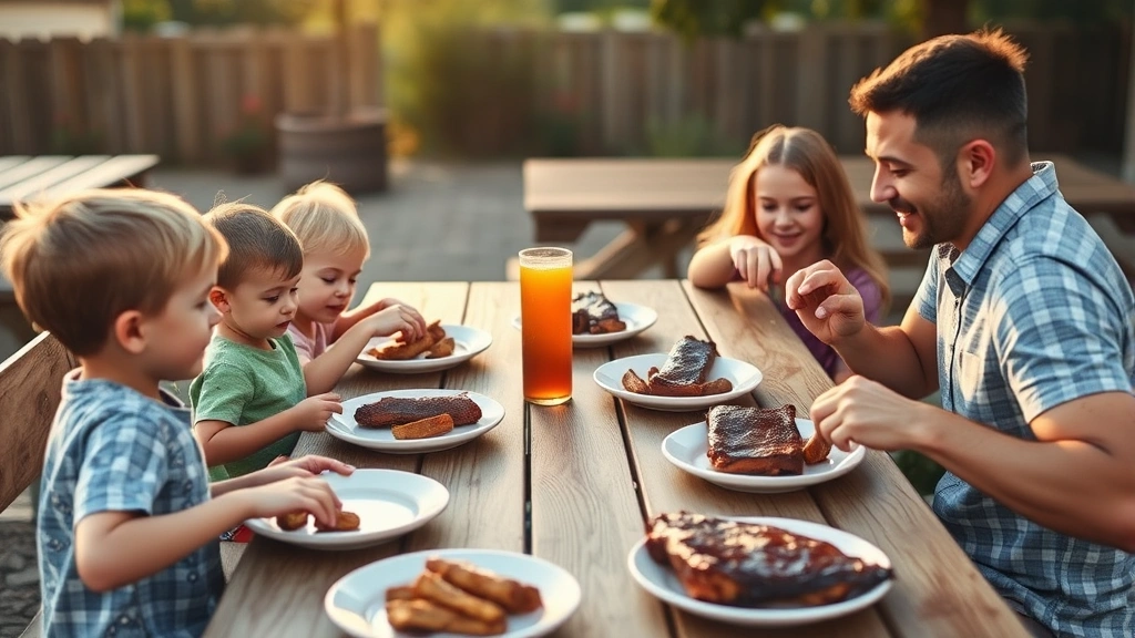 Family sitting at outdoor picnic table enjoying smoked ribs together, children eating boneless meat from plates, supervising parent nearby, warm golden hour lighting, joyful meal
