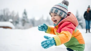 Happy toddler in colorful winter coat and mittens playing in fresh snow, laughing with joy, parent visible in background supervising