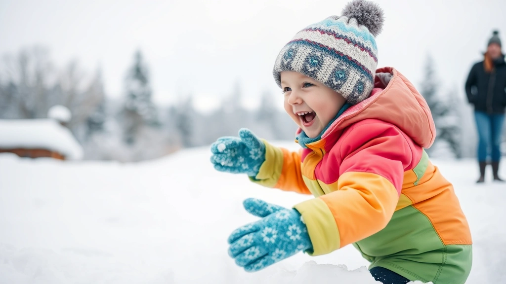 Happy toddler in colorful winter coat and mittens playing in fresh snow, laughing with joy, parent visible in background supervising
