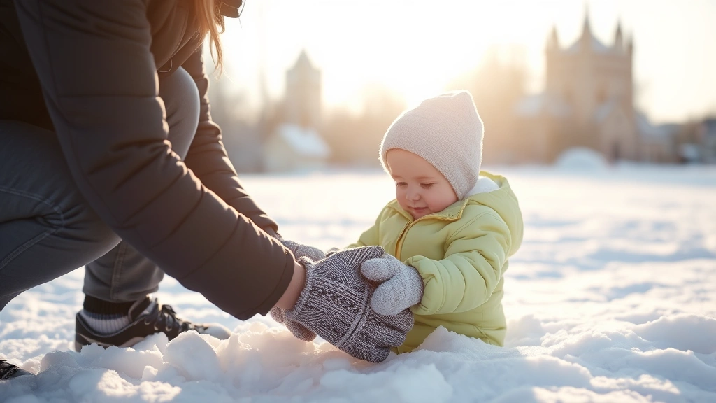 Parent helping baby in snowsuit touch snow gently with mittened hands, warm winter sunlight, close family moment in snowy landscape