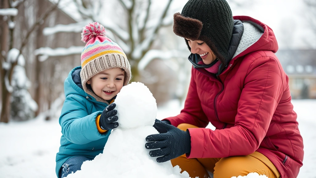 Young child building small snowman with parent's guidance, winter outdoor setting, both wearing winter gear, happy interaction