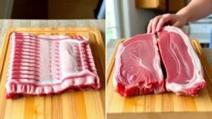 Side-by-side comparison of raw spare ribs and baby back ribs on a wooden cutting board, showing size and meat differences, with a parent's hand for scale in a bright kitchen setting