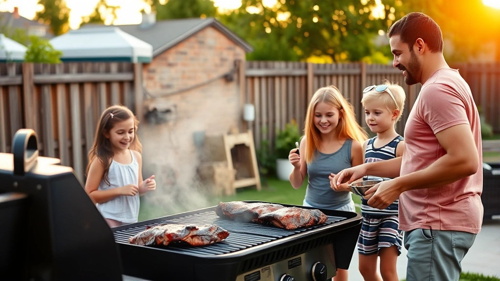 Family of four gathered around an outdoor grill with ribs cooking, children watching and smiling, golden hour lighting, casual backyard barbecue atmosphere, everyone wearing casual summer clothing