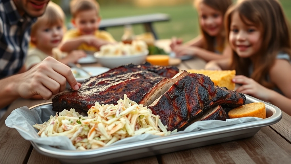 Close-up of perfectly cooked ribs on a serving platter with coleslaw and cornbread, parent serving food to eager children at a picnic table, warm natural lighting, happy family meal scene