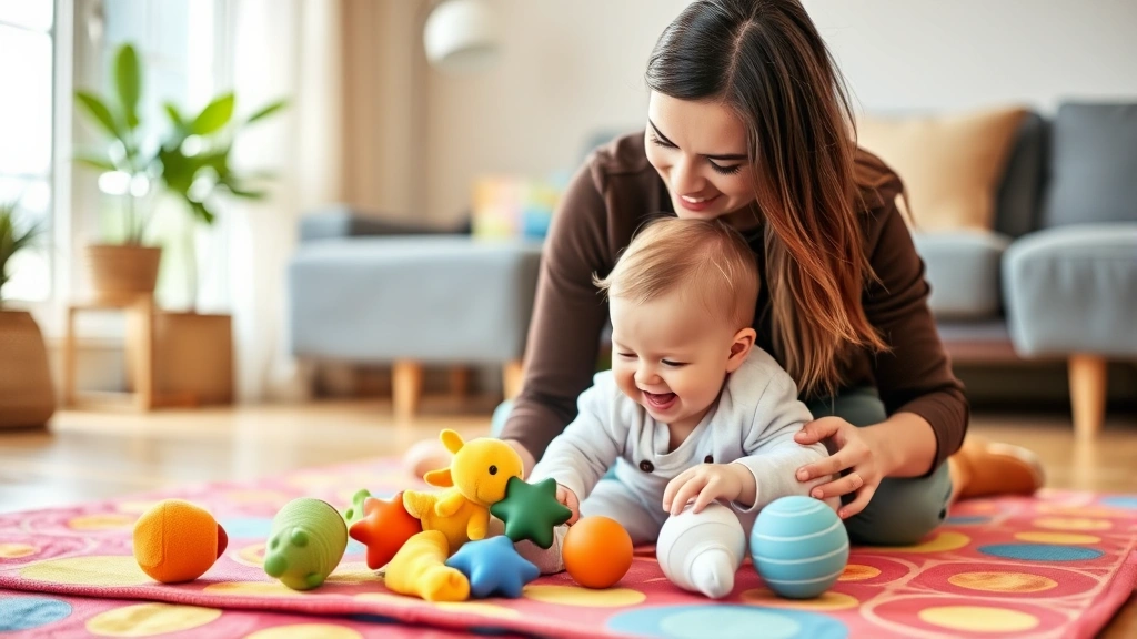 Parent and infant playing together on colorful mat, baby laughing while touching soft toys, warm natural lighting, indoor living room setting