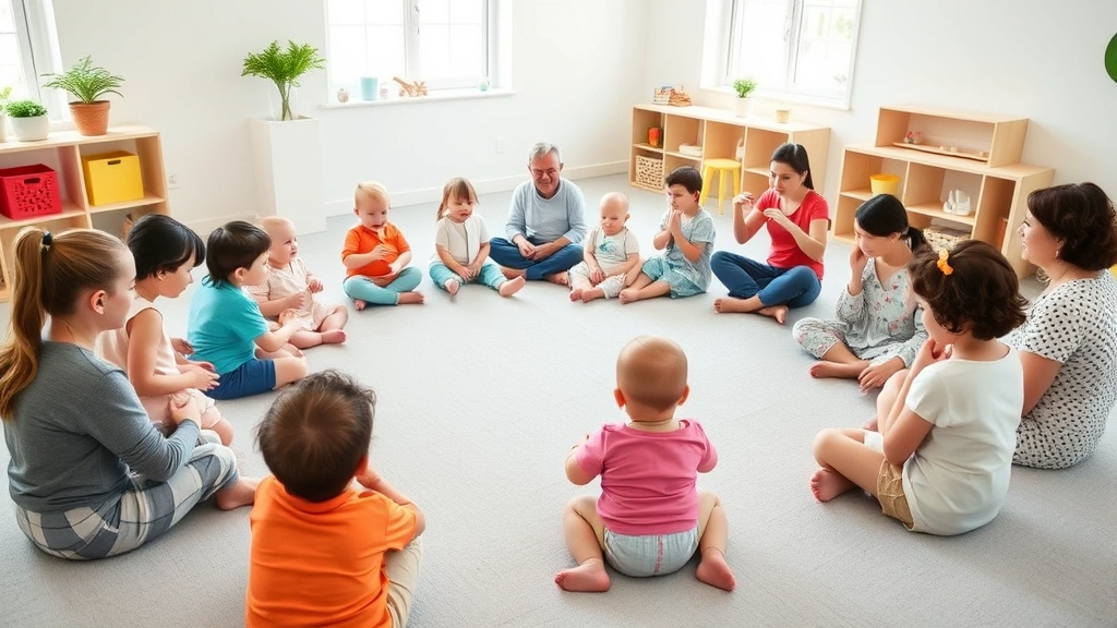 Diverse group of babies and caregivers in structured play class, sitting in circle doing music and movement activities, bright cheerful room with safety padding