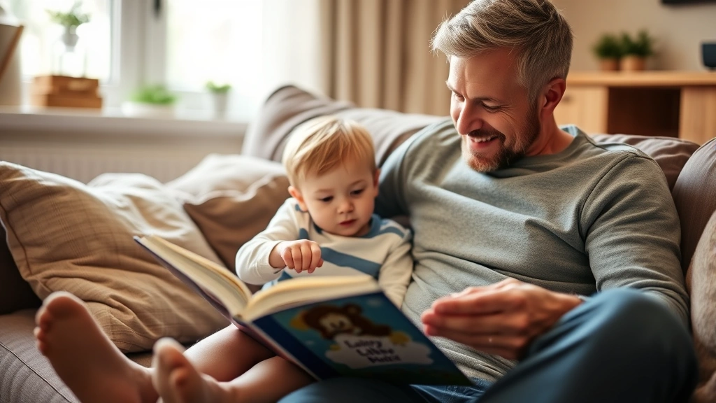 Toddler and parent reading picture book together on couch, child pointing at pages, warm cozy home environment with soft natural light coming through window