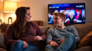 Parent and teenager sitting together on couch having calm conversation about TV show, warm lighting, comfortable home setting, both looking engaged and respectful