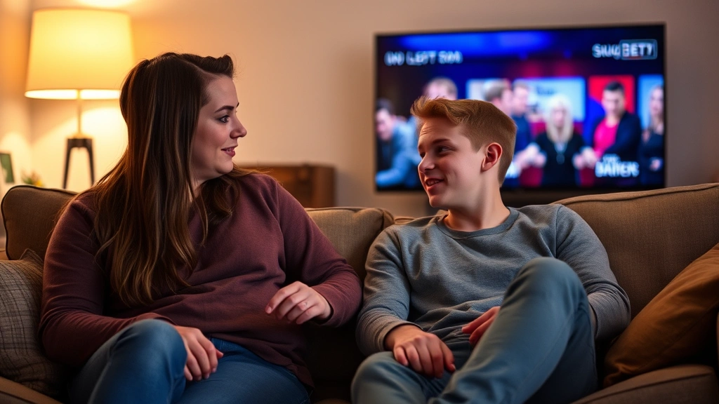 Parent and teenager sitting together on couch having calm conversation about TV show, warm lighting, comfortable home setting, both looking engaged and respectful