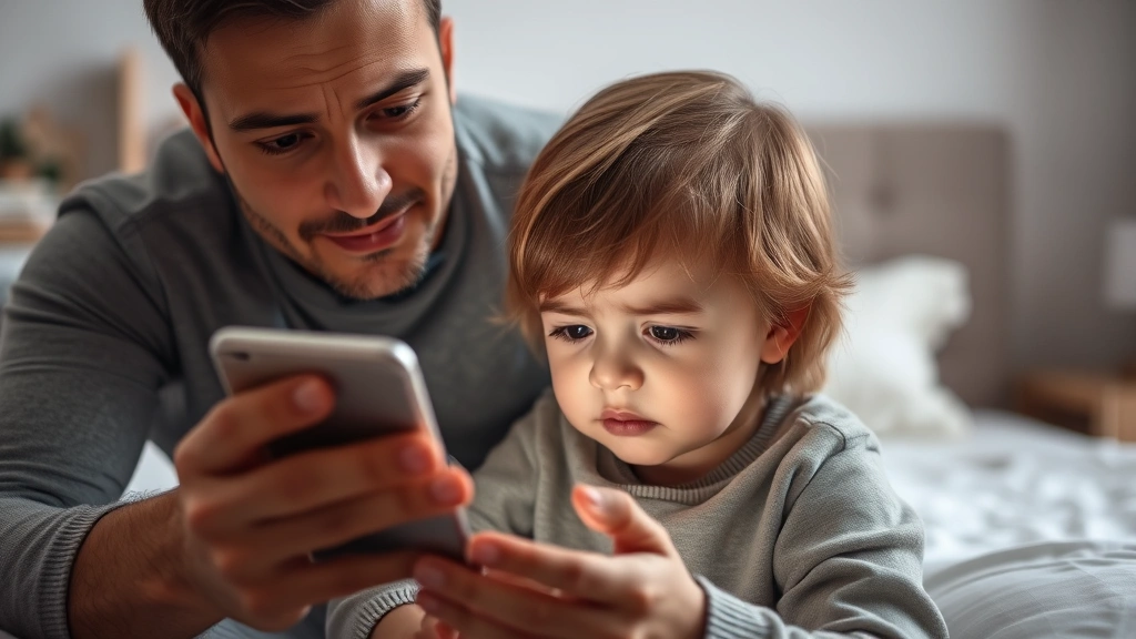 Child looking at smartphone screen with concerned expression, parent nearby offering comfort and support, modern bedroom background, emotional but safe atmosphere
