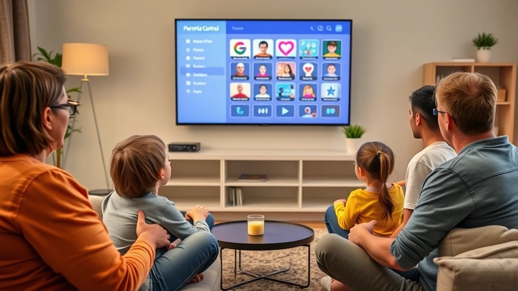 Family gathered around smart TV with parental control menu visible on screen, diverse family members of different ages, organized living room, educational technology focus