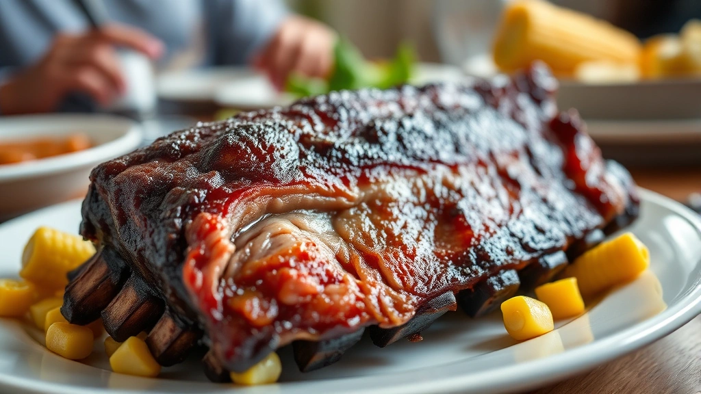 Close-up of cooked baby back ribs on white plate with corn and vegetables, showing tender meat texture, appetizing presentation, family dinner table in soft background