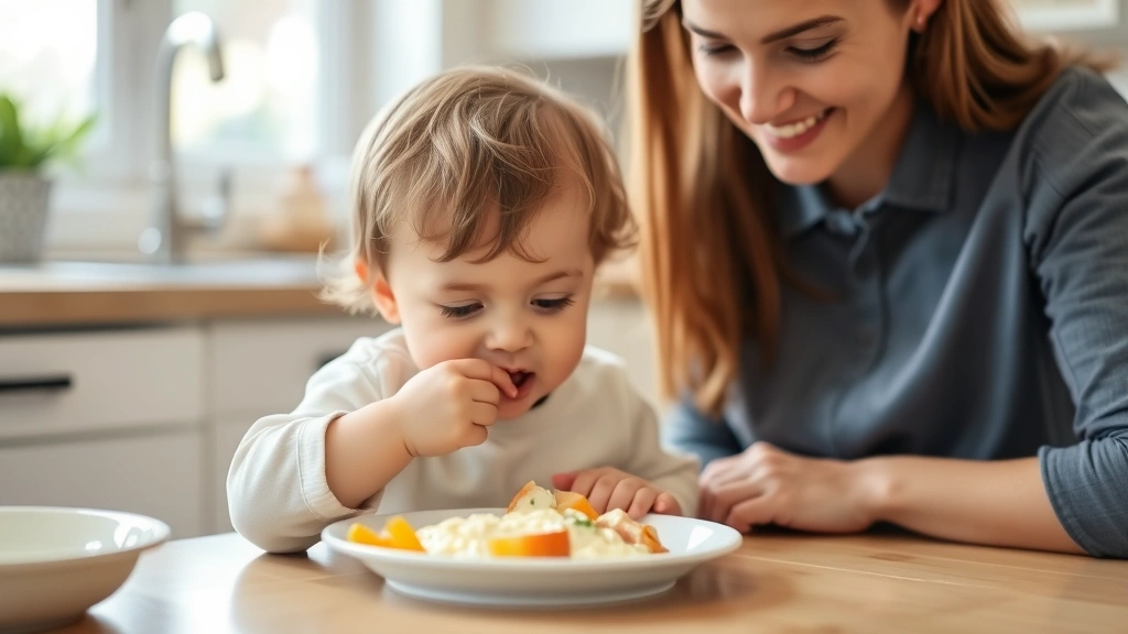 Toddler eating soft food from a plate with parent supervising nearby, safe eating environment, bright kitchen, focused on proper feeding technique and supervision