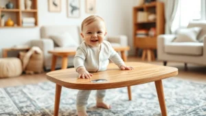 Smiling baby pulling to stand while holding onto a low wooden coffee table, wearing soft clothing, in a bright living room with safety-proofed furniture