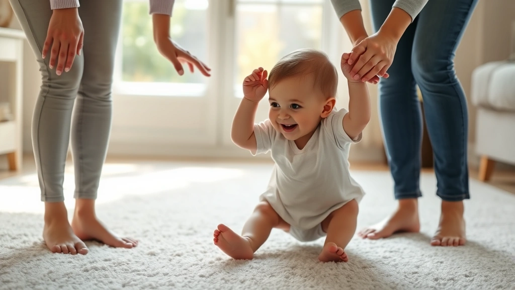 Parent's hands guiding a toddler's first steps on a carpeted floor, both showing joy and concentration, soft natural lighting from windows