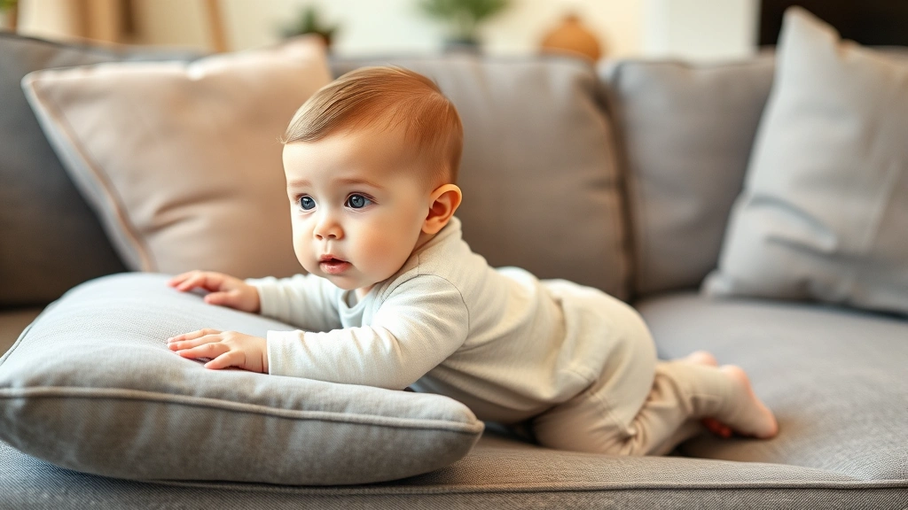Baby cruising sideways along a couch cushion with concentrated expression, wearing comfortable clothes, hands touching furniture for balance, modern home interior