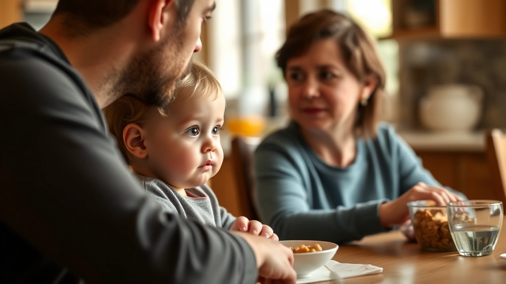 Toddler with curious expression watching parent eat snack at kitchen table, soft natural lighting, warm family moment