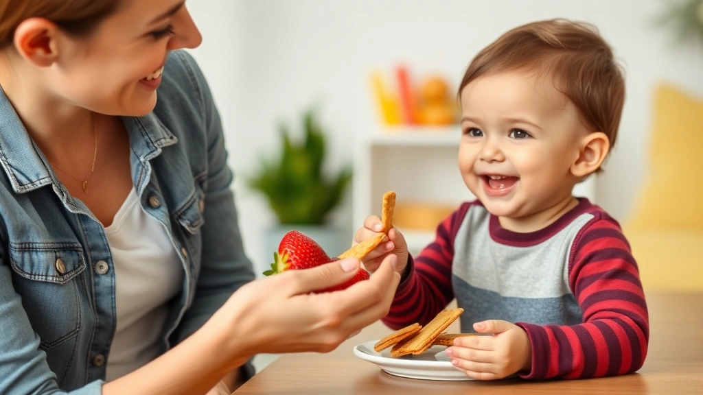 Parent offering healthy snack alternatives to happy toddler, fresh fruit and crackers visible, positive interaction