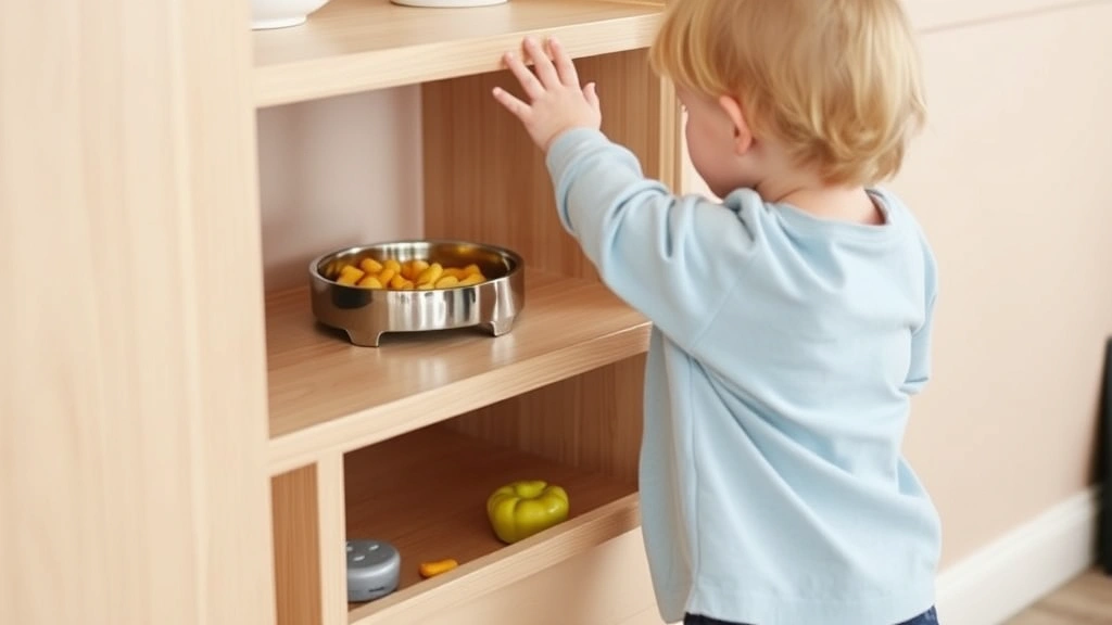 Toddler reaching toward snack bowl on low shelf during independent snacking, safe accessible food station setup