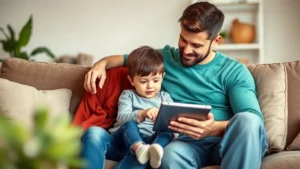 Parent and child sitting together on couch, child showing tablet to engaged parent, warm living room setting, natural lighting, genuine interaction and connection