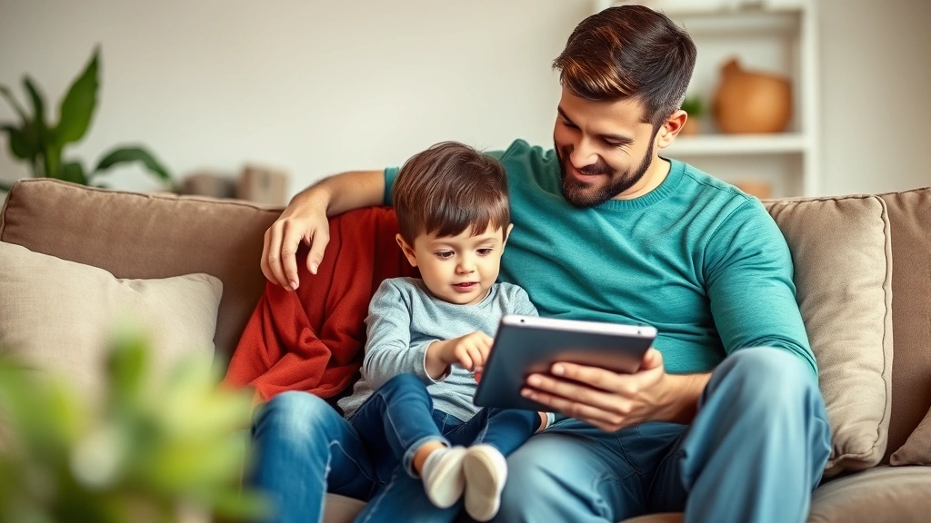 Parent and child sitting together on couch, child showing tablet to engaged parent, warm living room setting, natural lighting, genuine interaction and connection