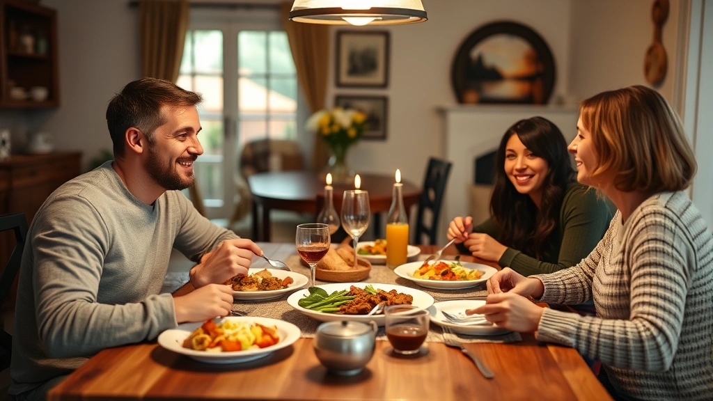 Family of four at dinner table without devices, smiling, sharing food, eye contact, cozy home dining room, warm atmosphere, genuine conversation moment