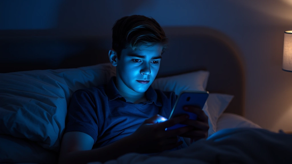 Teenager in bedroom using smartphone before bed, blue light from screen, dark room, tired expression, illustrating late-night screen use effects