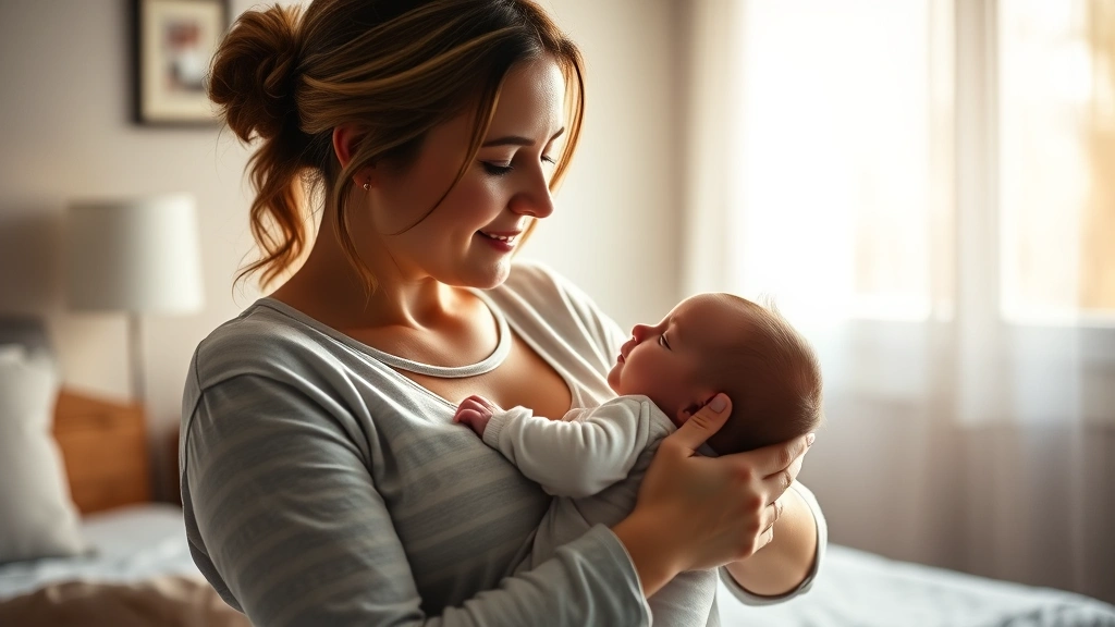 Warm, intimate moment of a mother holding newborn baby close to chest, soft natural lighting from window, peaceful bedroom setting, tender parental connection, photorealistic